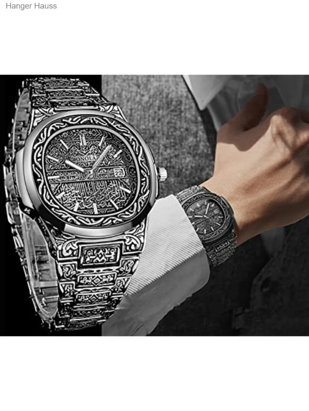 Men's Retro Tattoo Pattern Stainless Steel Quartz Wrist Watch Waterproof